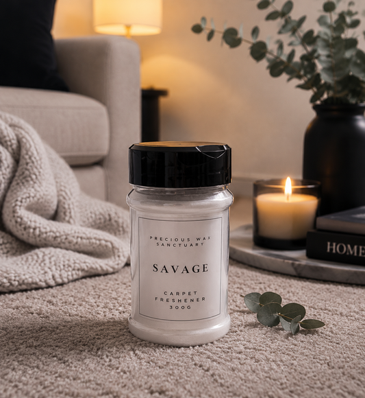 A jar of carpet freshener labeled 'Savage' by Precious Wax Sanctuary, placed on a textured beige carpet in a cozy living room setting with a sofa, blanket, lit candle, and eucalyptus leaves.