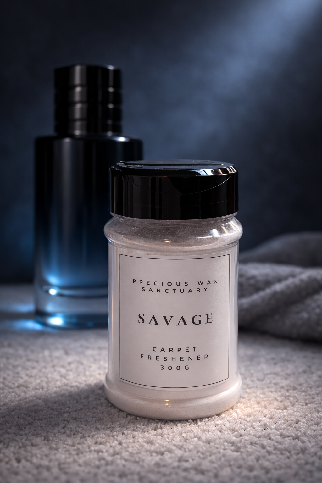 Carpet freshener container labeled 'Savage' with a dark background