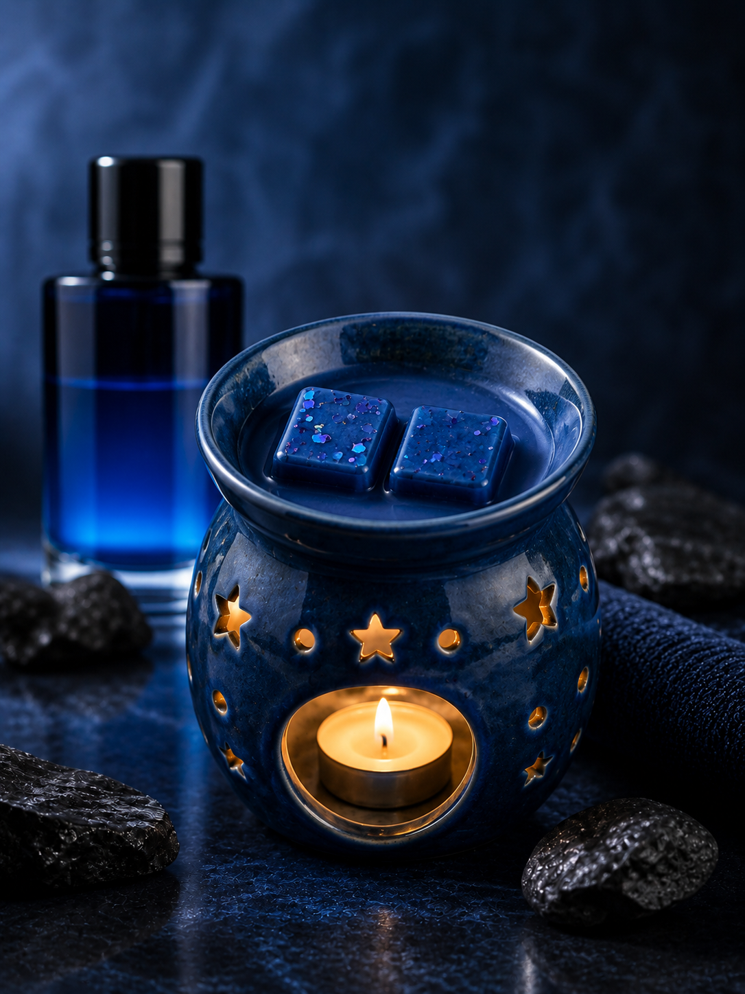 blue wax melts in burner melting with mens aftershave in background.