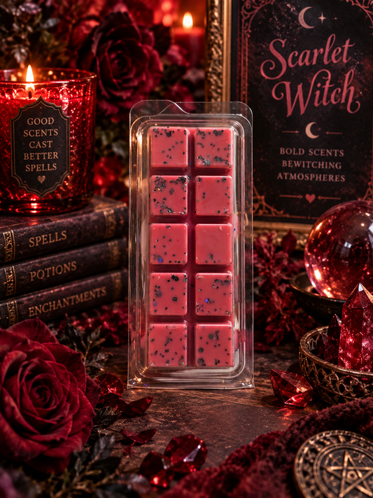 A packaged wax melt set in a clear plastic clamshell, showing pink wax cubes with dark speckles. The product is styled in a gothic witch-themed scene with red roses, a lit red candle, old books, crystals, and a sign reading 'Scarlet Witch'.