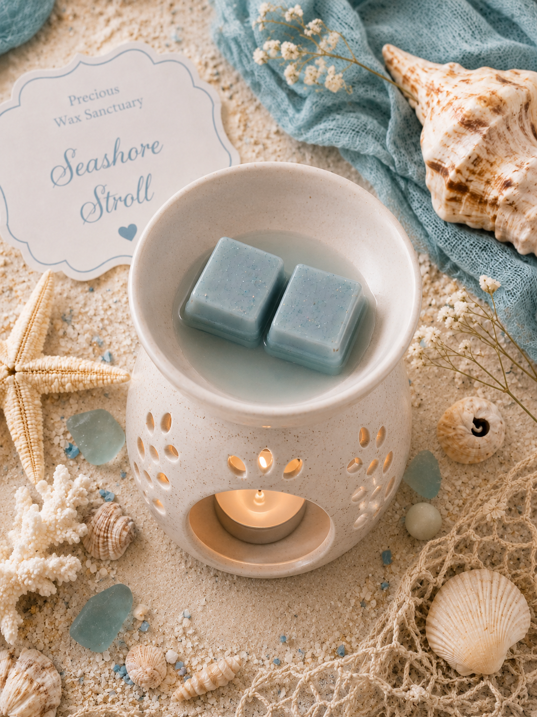 A ceramic wax warmer with a lit tea light candle sits on sand surrounded by seashells, sea glass, netting, and a blue fabric cloth. Two pale blue wax melts rest in the top of the warmer.