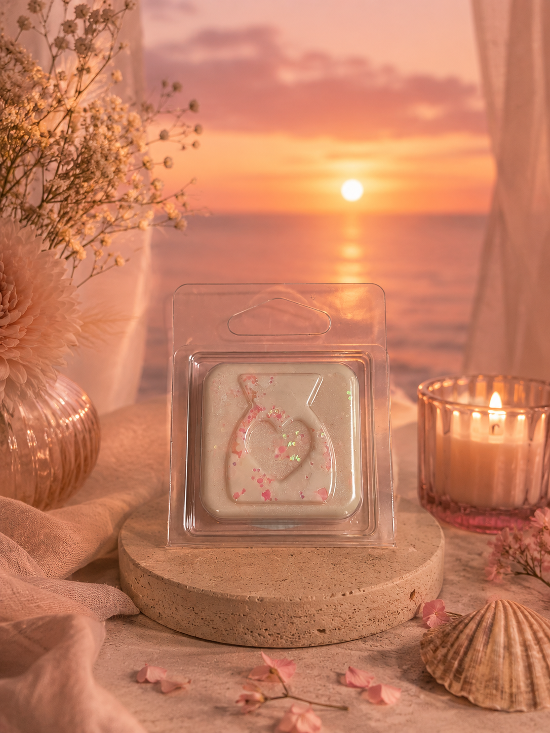 Candle in a decorative container with a wax melt and sunset over water in the background