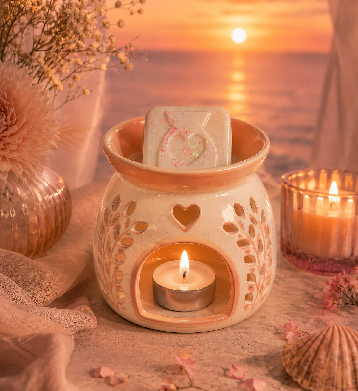 A ceramic wax warmer candle holder with a lit tea light and a wax melt inside, styled on a table with a sunset ocean background, dried flowers, and a pink candle holder.