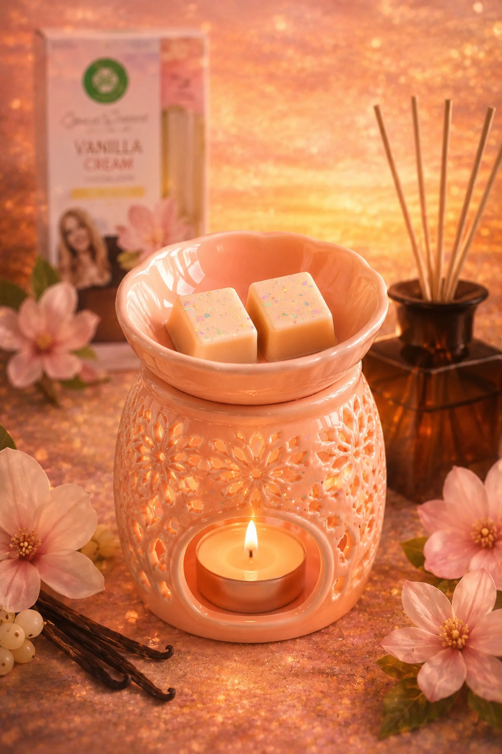 peach wax melts in burner with sunset background theme.