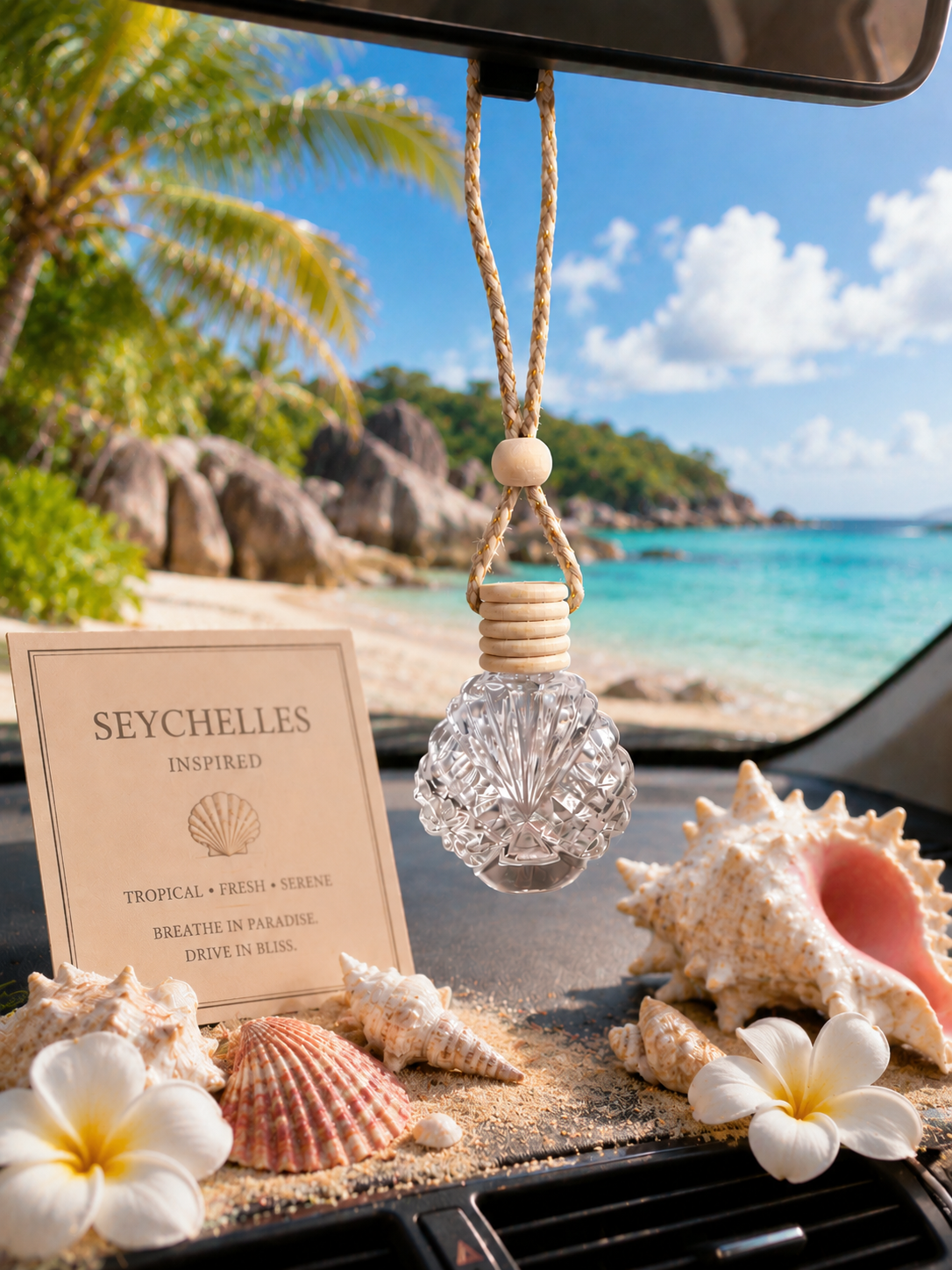 Car air freshener with Seychelles theme on a car dashboard with beach view