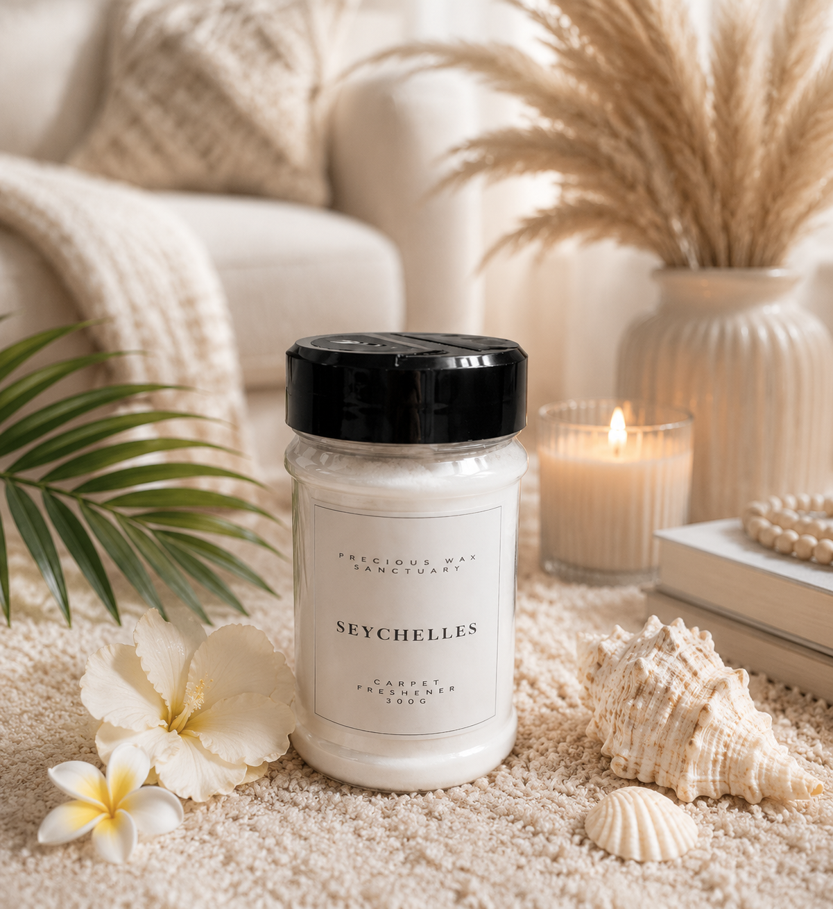 A white jar of carpet freshener with a black lid labeled 'SEYCHELLES' sits on a beige textured surface with seashells, white flowers, a lit candle, books, and dried grass in a softly styled room setting.