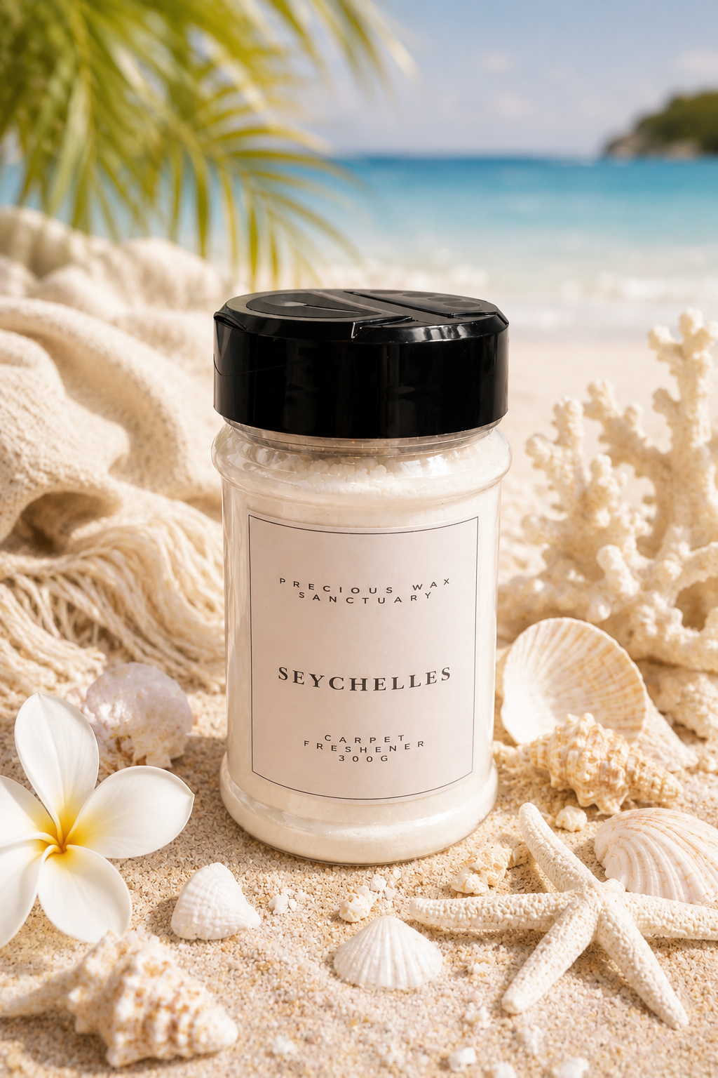 Seychelles Carpet Freshener with beach background