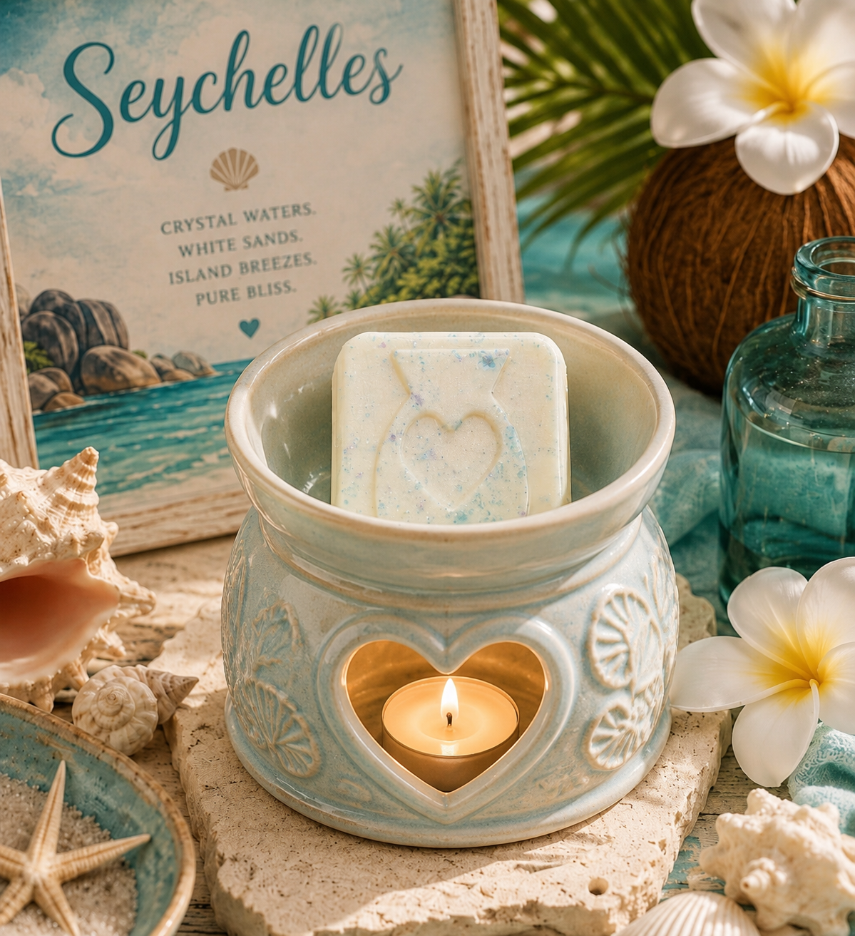 White and blue wax melt in burner with beach theme background.