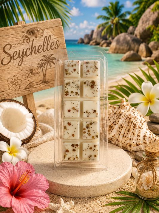 wax melt with 'Seychelles' branding on a beach setting with flowers and shells.