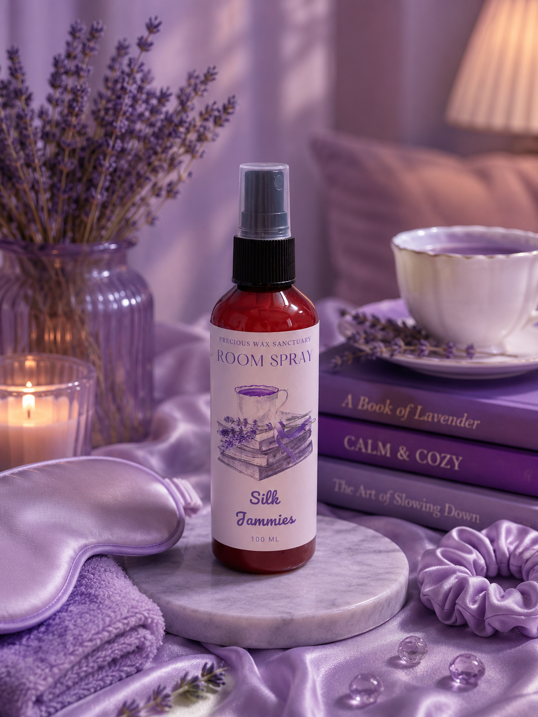 Room spray bottle on a marble coaster with lavender-themed decor including books, candles, and towels.