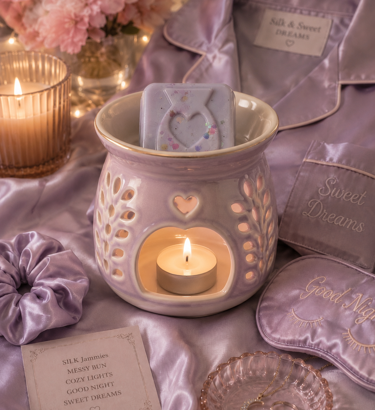 A lavender ceramic wax warmer with a wax melt inside, styled on purple satin fabric with matching sleepwear, a candle, and printed cards.