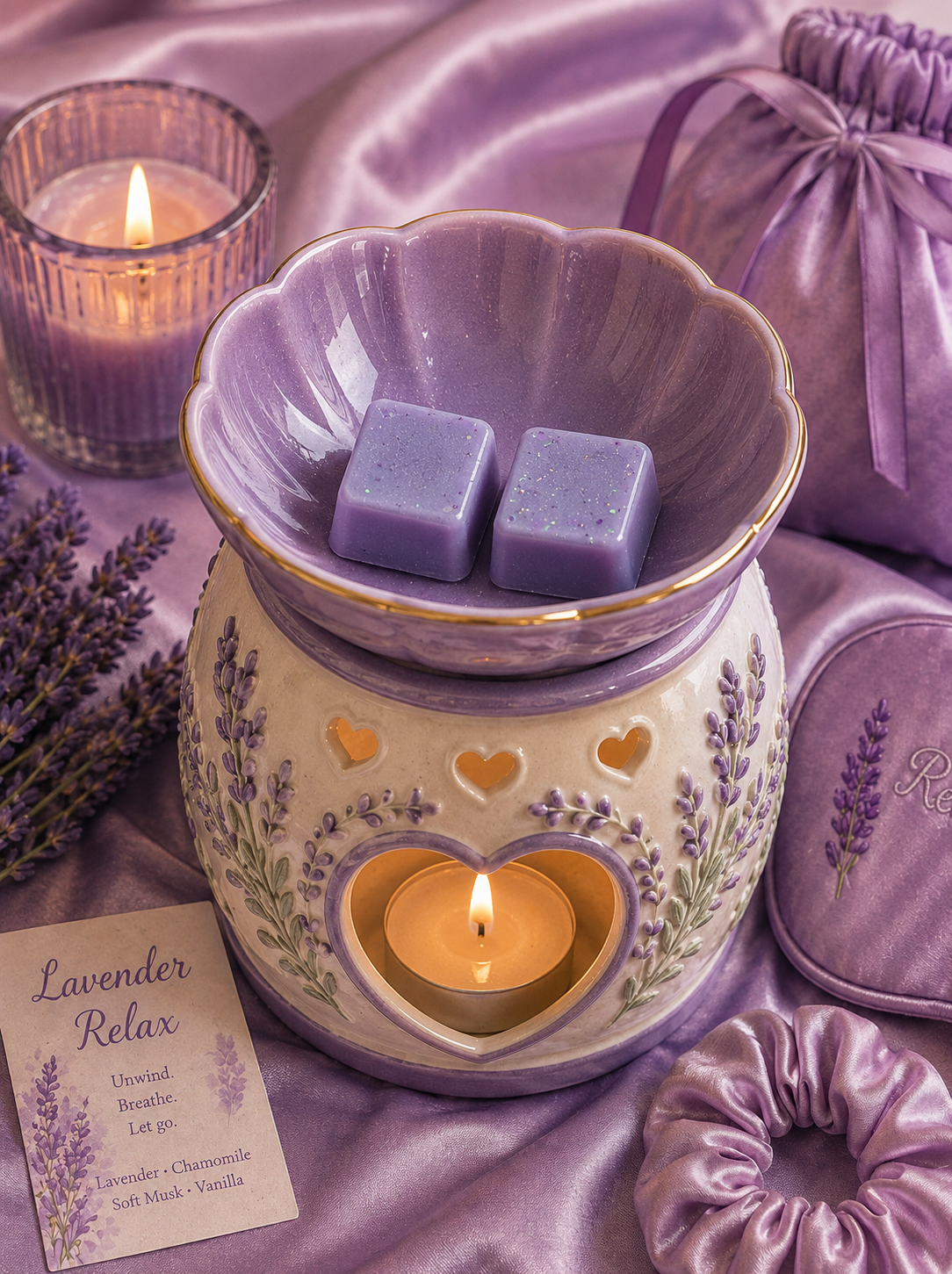 Silk jammies wax melts in burner with purple cosy girl background. 