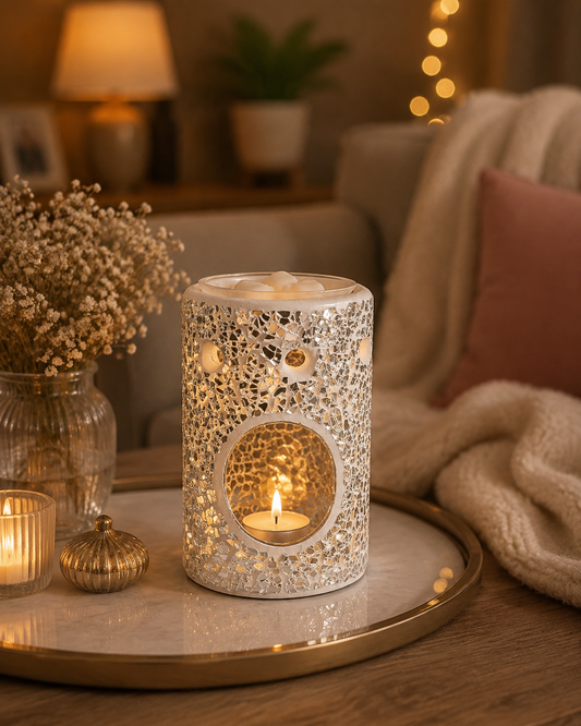 Silver crackle wax and oil burner lit with cosy home decor 