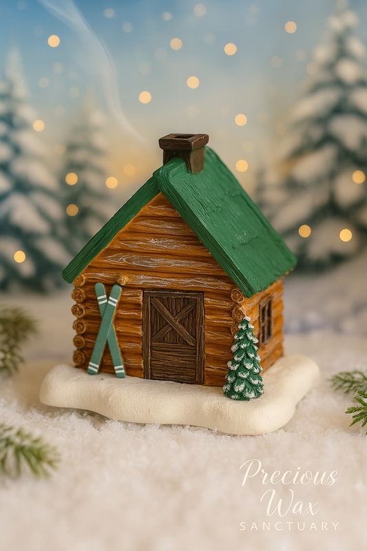 Decorative log cabin with green roof and skis, set against a snowy background with blurred lights.