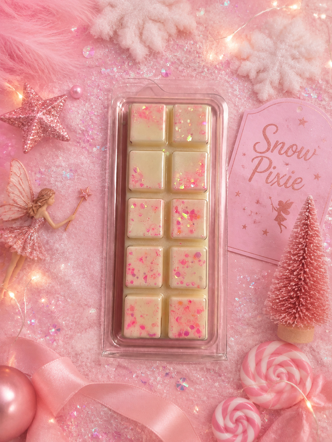 A clear plastic clamshell package wax melts, each speckled with pink glitter, displayed on a pink glittery background with decorative holiday and fairy props.
