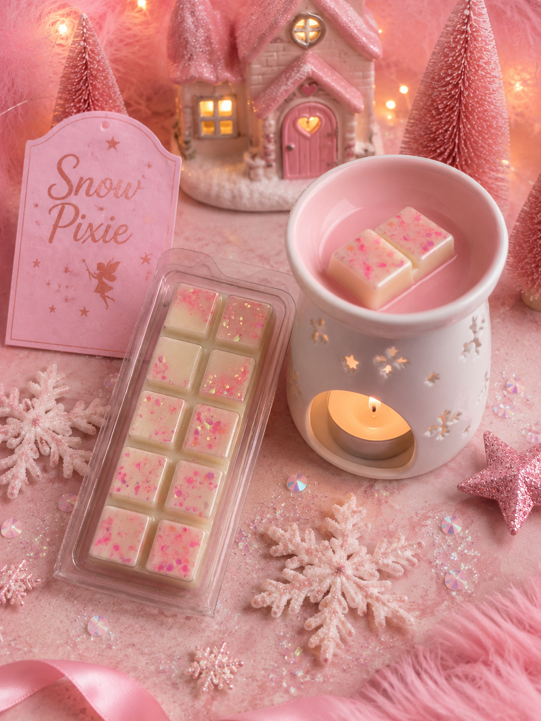 Pink and white wax melts in a clear plastic tray next to a pink tag reading 'Snow Pixie', with a white wax warmer holding a lit tea light candle, surrounded by pink decorative trees, snowflakes, and a fairy house in the background.