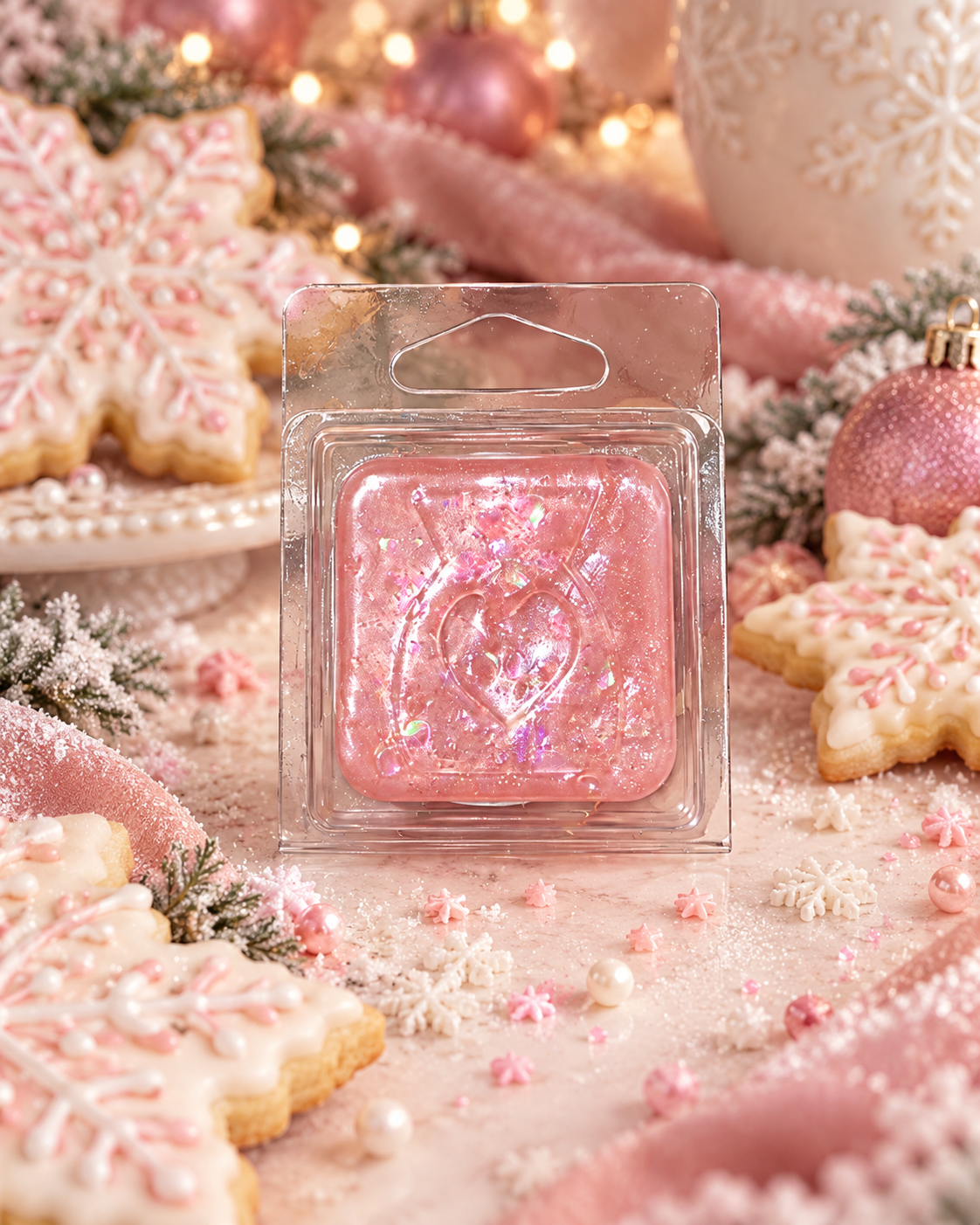 A pink heart-shaped gel wax melt in a clear square clamshell package, surrounded by festive holiday decorations including decorated sugar cookies, ornaments, and soft pink lights.