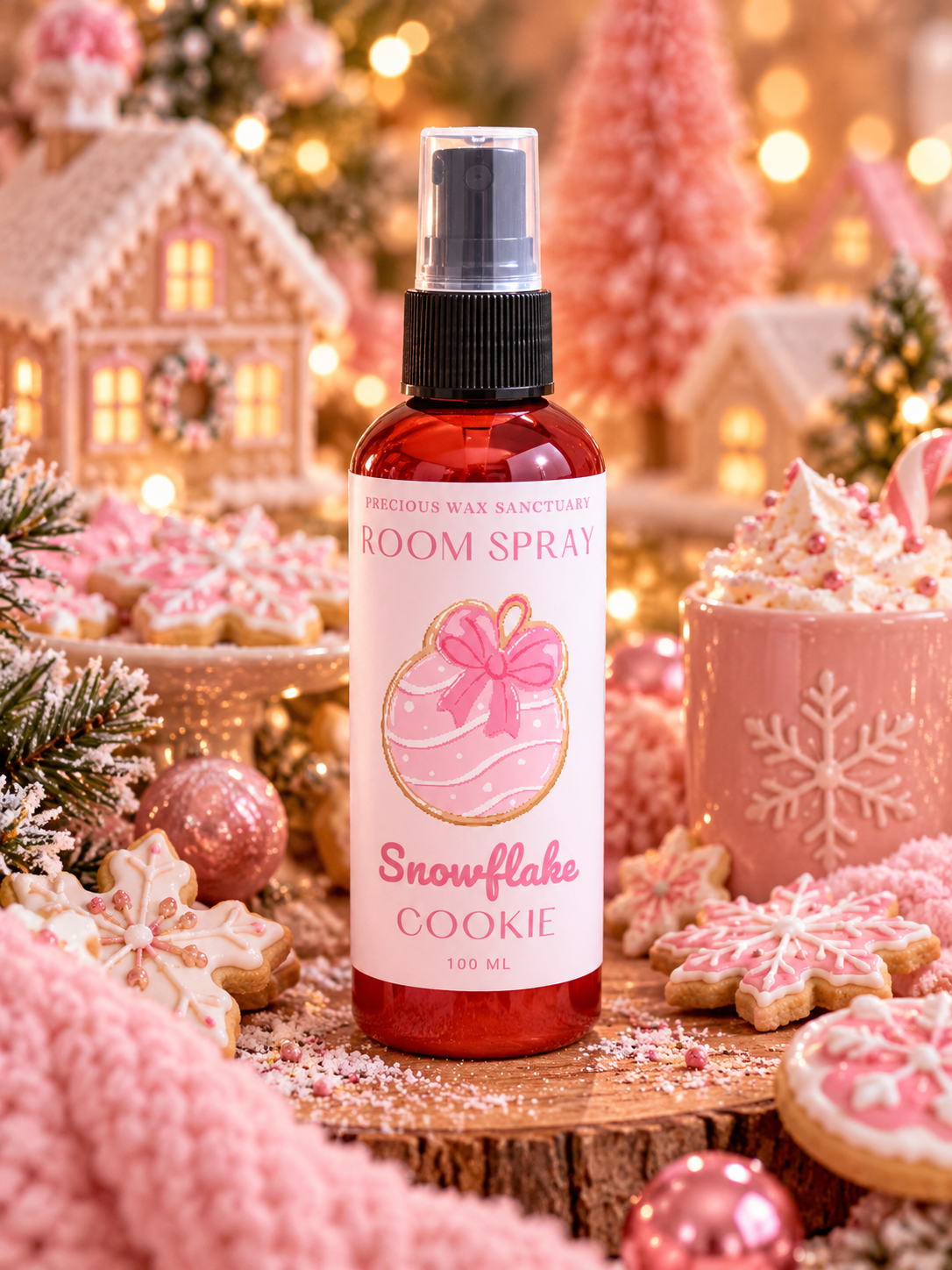 A 100 ml room spray bottle labeled 'Snowflake Cookie' by Precious Wax Sanctuary, styled in a festive Christmas holiday setting with pink decorations, gingerbread houses, and cookies.