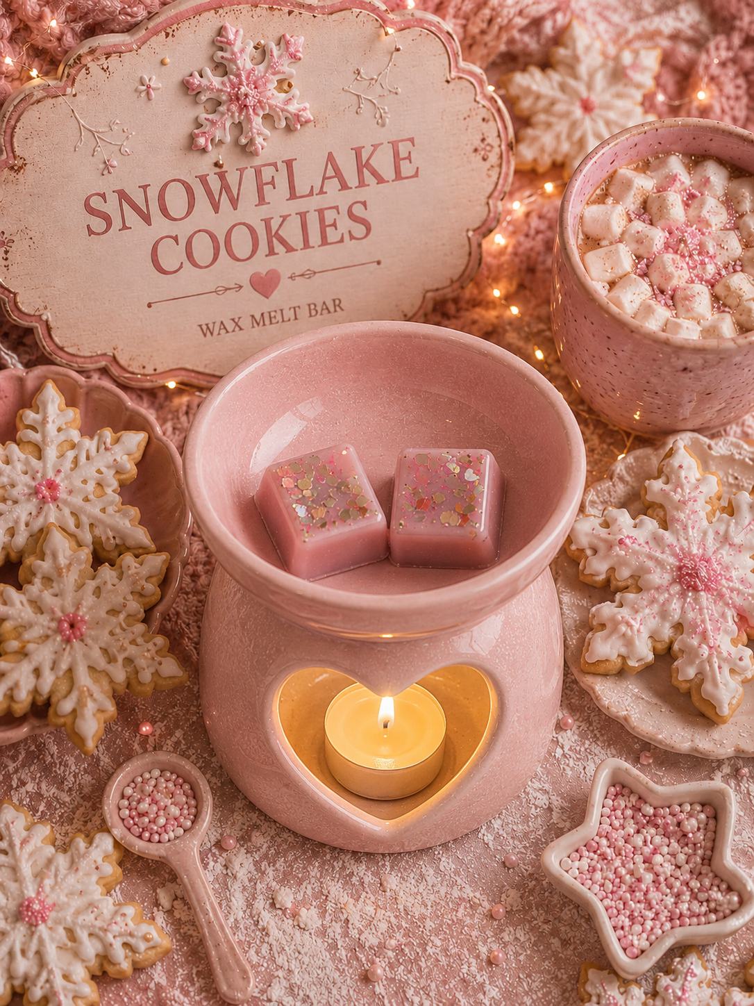 Pink snowflake cookie wax melt in burner with christmas pink magical cookie theme.