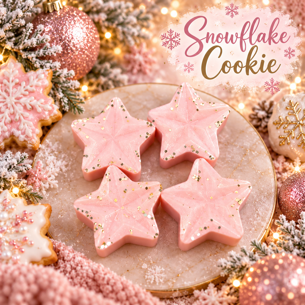 snowflake cookie scented soy wax melt shapes with festive pink background theme.