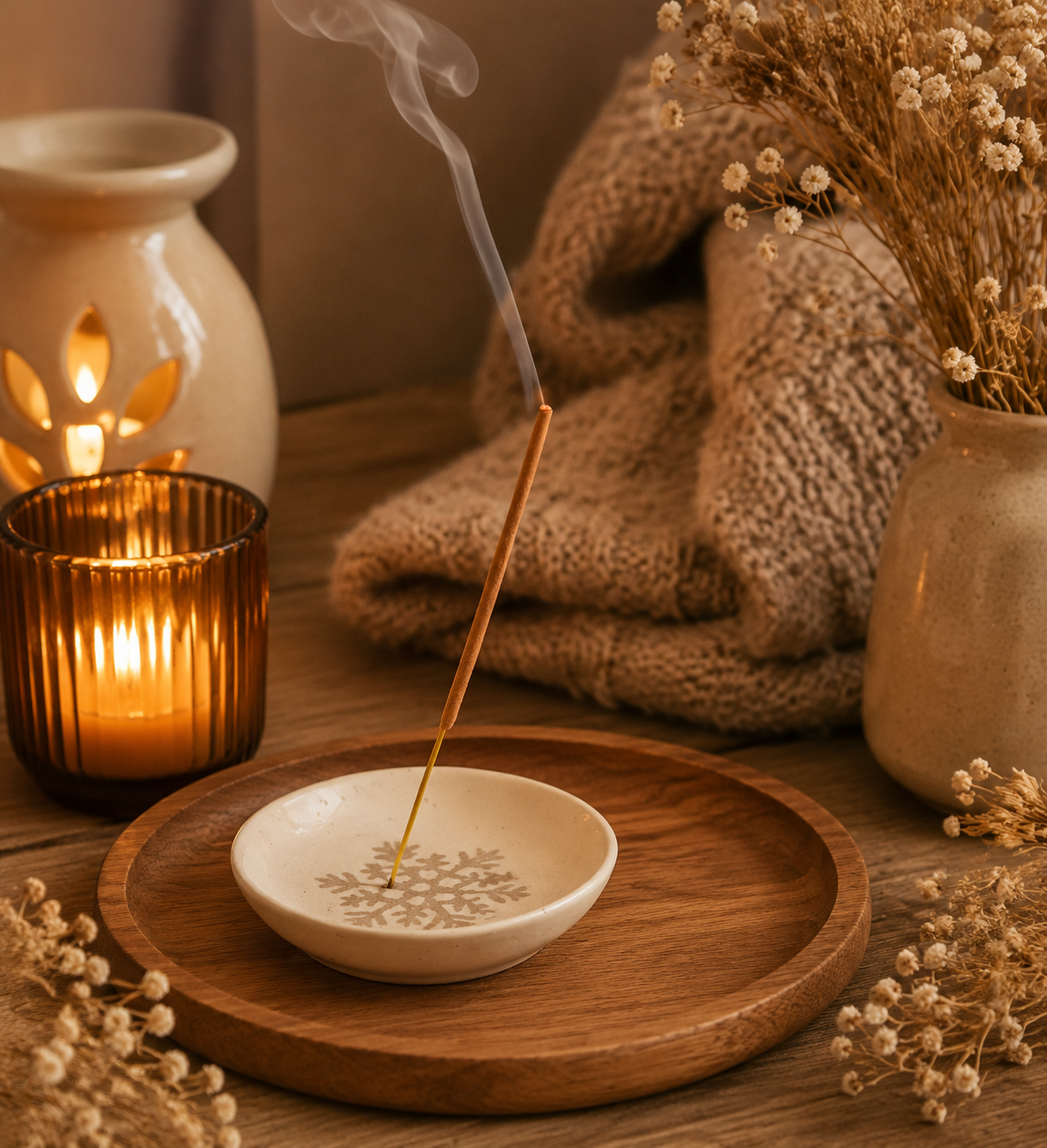 Snowflake incense holder in home with festive cosy decor
