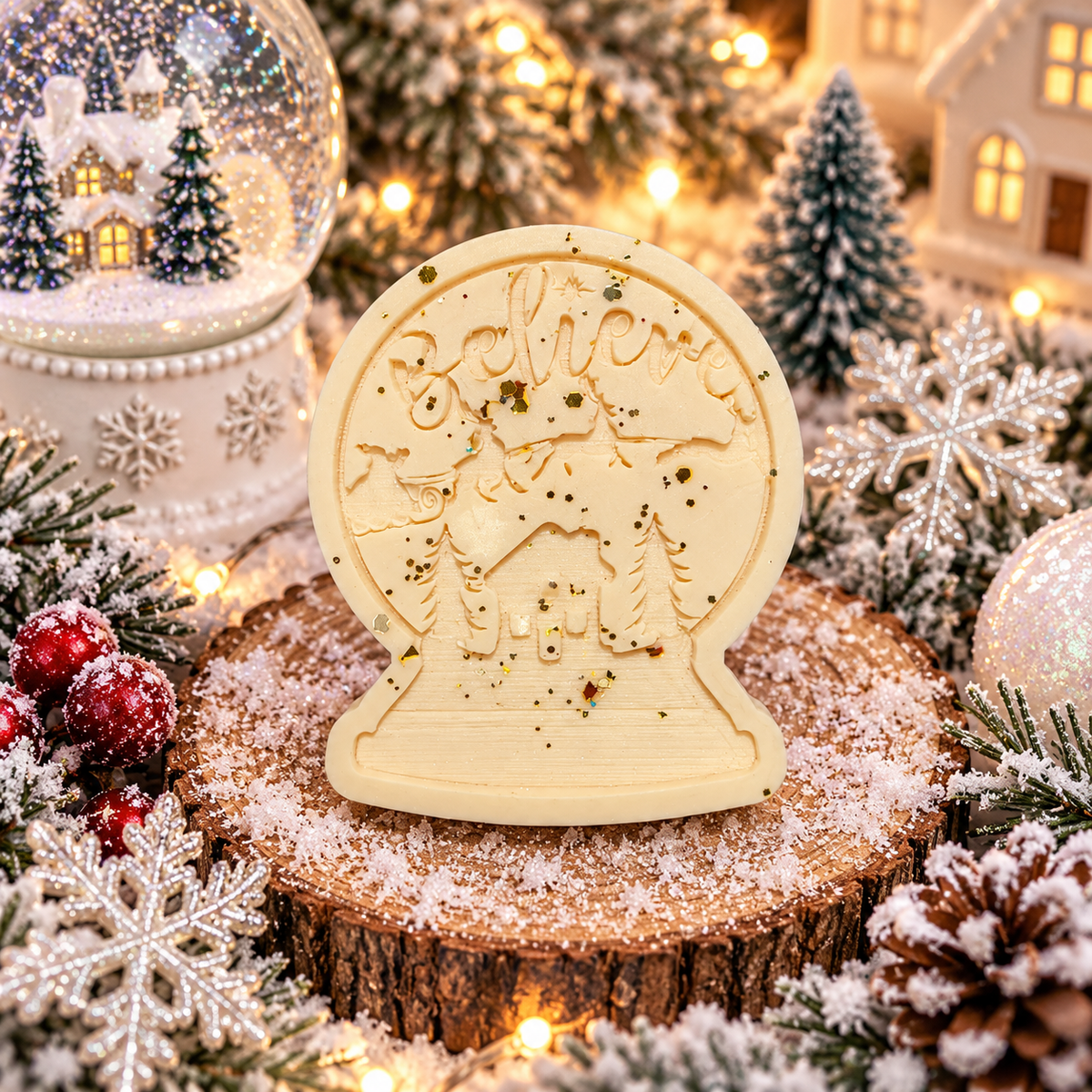 snowglobe wonderland soy wax melt shape with festive background.