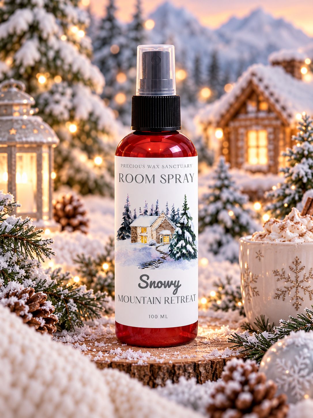 A 100 ml bottle of precious Wax Sanctuary 'Snowy Mountain Retreat' room spray, featuring a red bottle and white label with a winter cabin illustration, set against a cozy, snowy Christmas cabin background with warm lights.