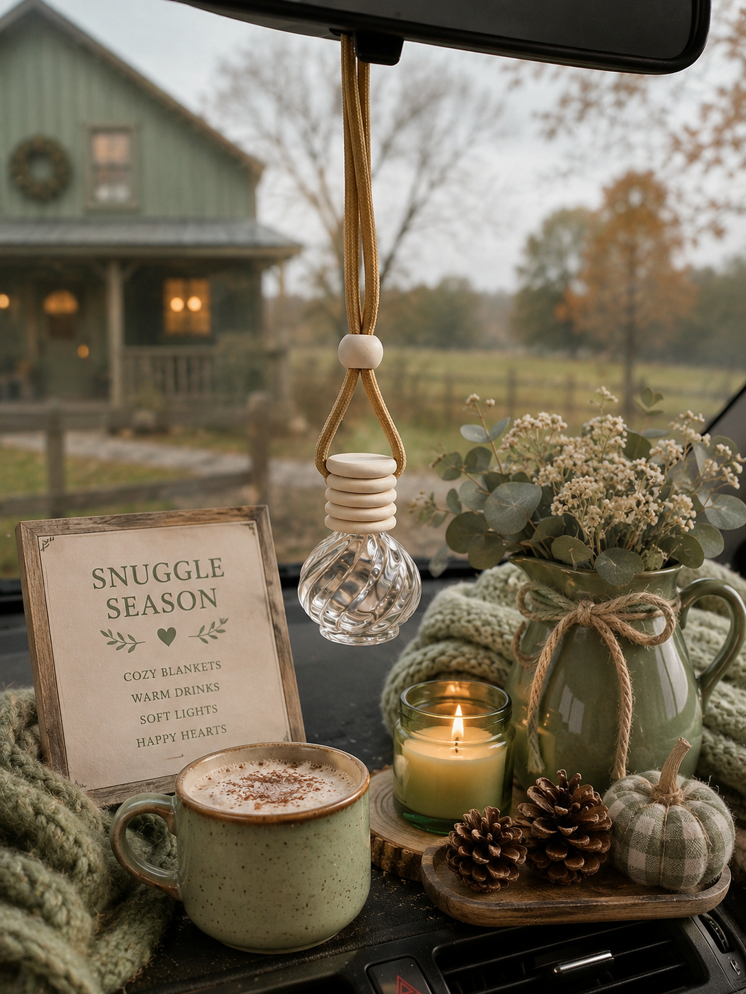 Autumn-themed car diffuser with dashboard with mug, candle, and decorative items.