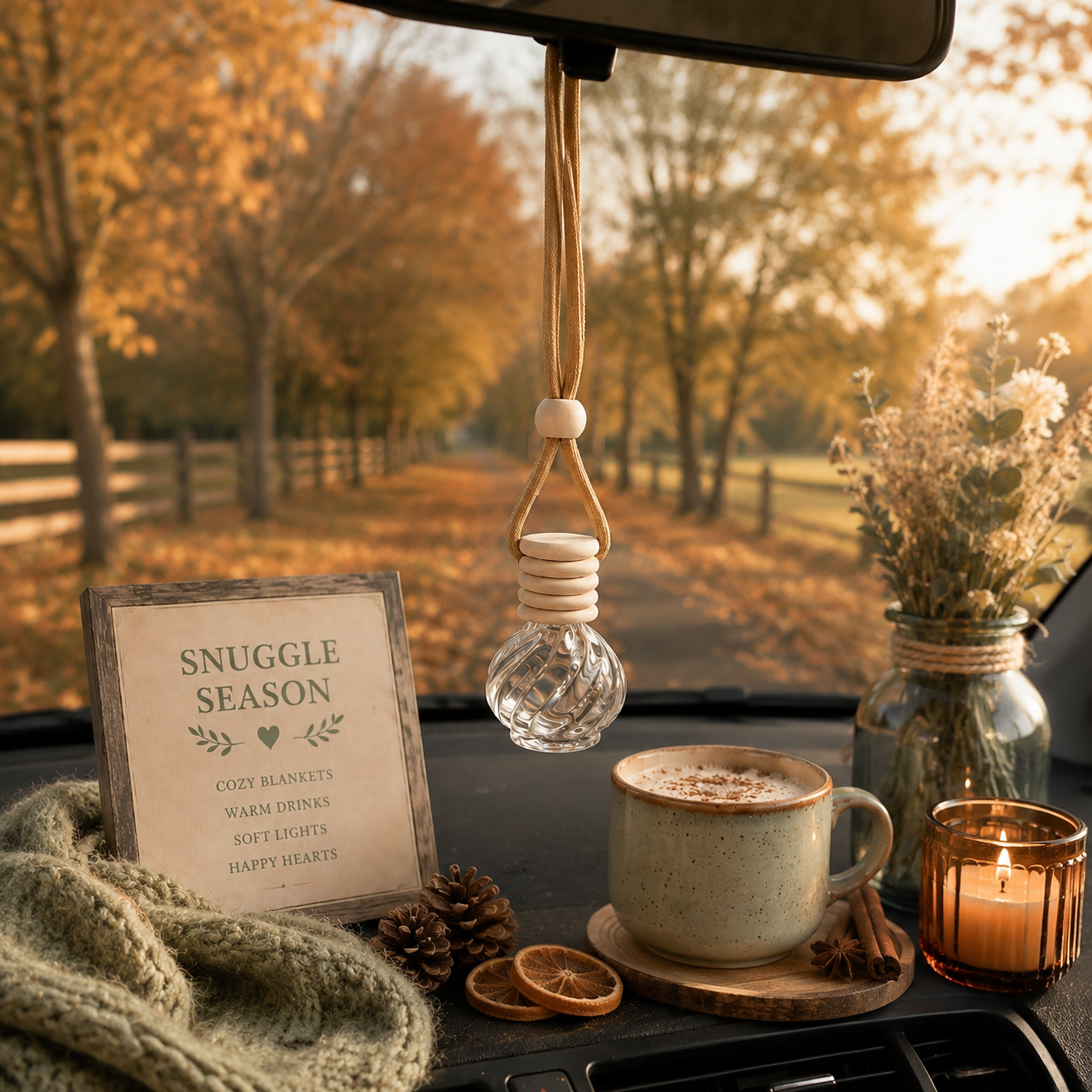 A cozy car dashboard scene with a hanging glass light bulb diffuser, a mug of hot cocoa on a coaster, a candle, dried flowers in a jar, and a framed sign reading 'Snuggle Season.' The background shows an autumn tree-lined road seen through the car window.