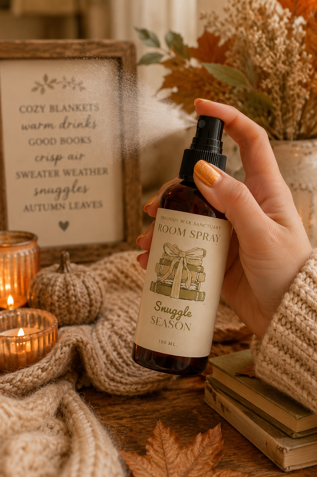 A hand with orange nail polish holds a bottle of room spray labeled 'Cozy Nights & Snuggly Season' in a warm, autumn-themed setting with candles, a knit blanket, books, and dried flowers.