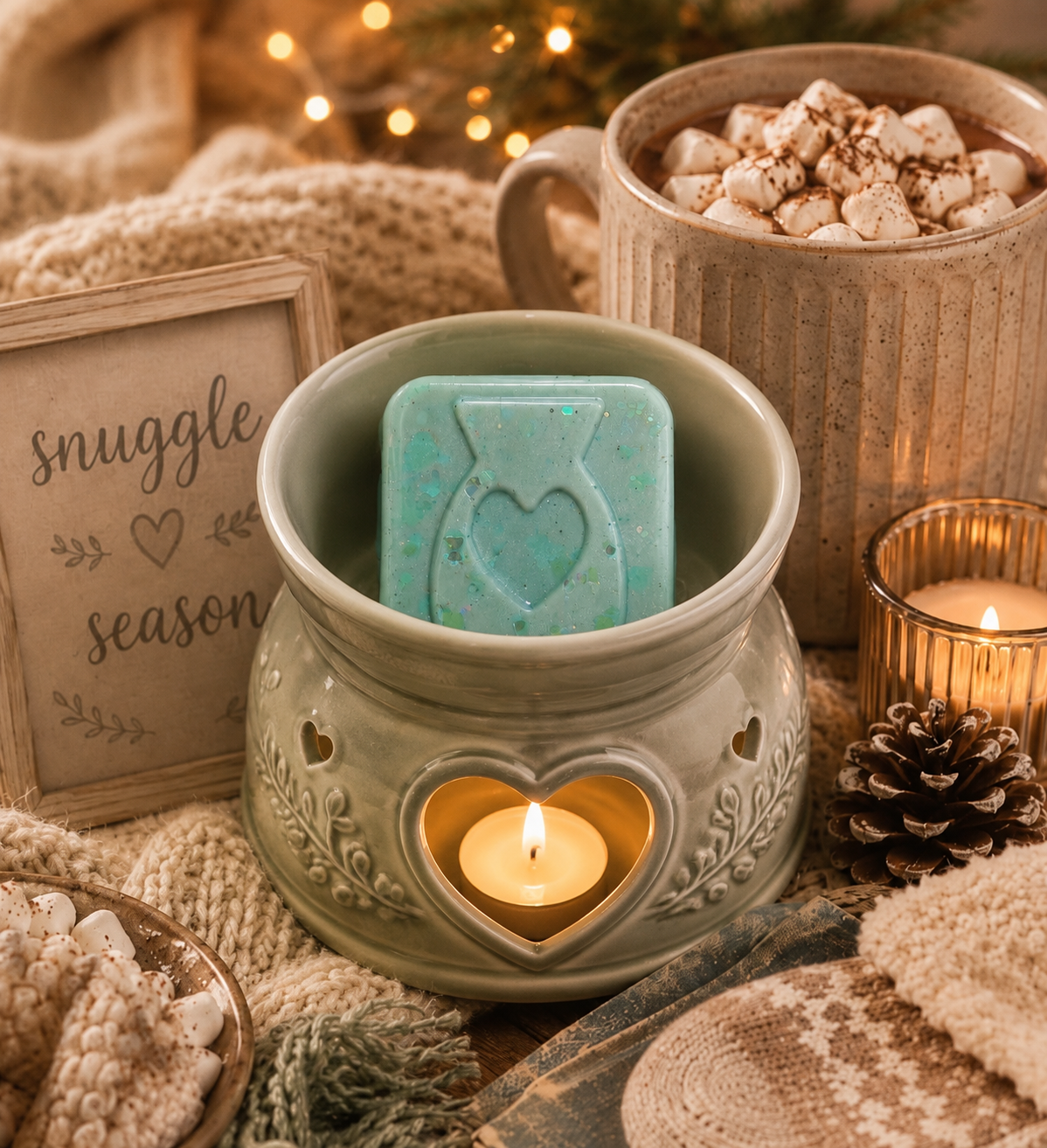 Sage green wax melt in burner surrounded by cosy decor.