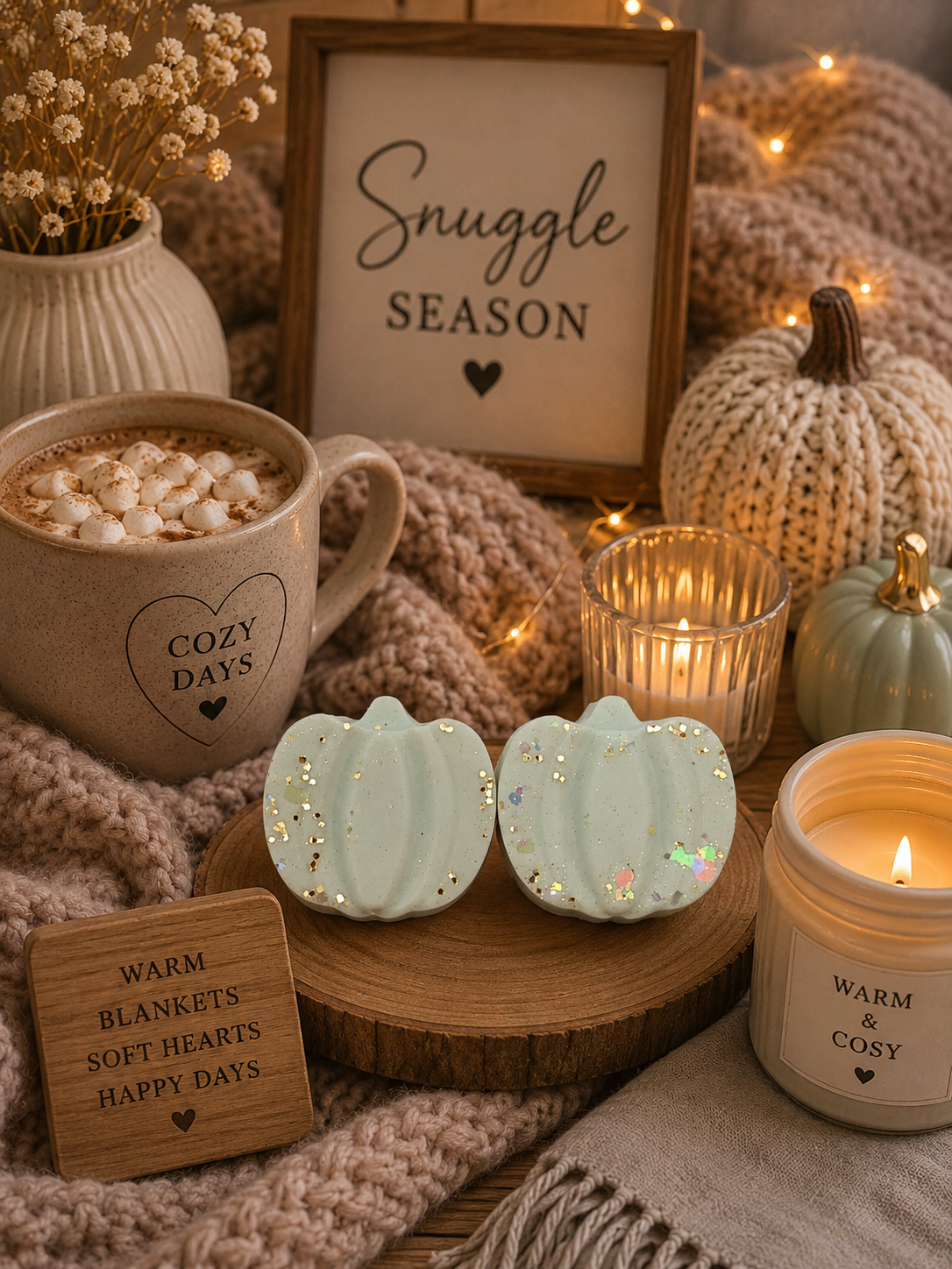 snuggle season pumpkin scented wax melt shapes with cosy snuggly decor.