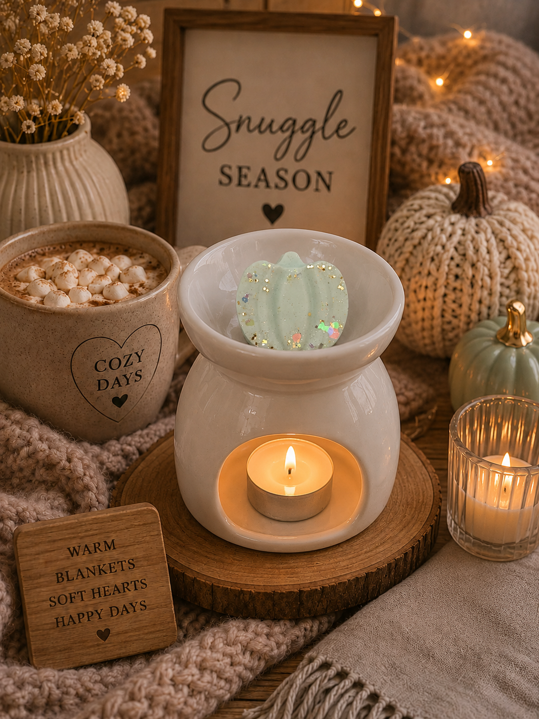 A white ceramic wax warmer with a sage green pumpkin wax melt inside, styled on a wooden slice with a lit tea light candle. The scene is cozy and autumnal, featuring a mug of hot chocolate with marshmallows, a knit blanket, pumpkins, and signs reading 'Snuggle Season' and 'Warm Blankets Soft Hearts Happy Days'.