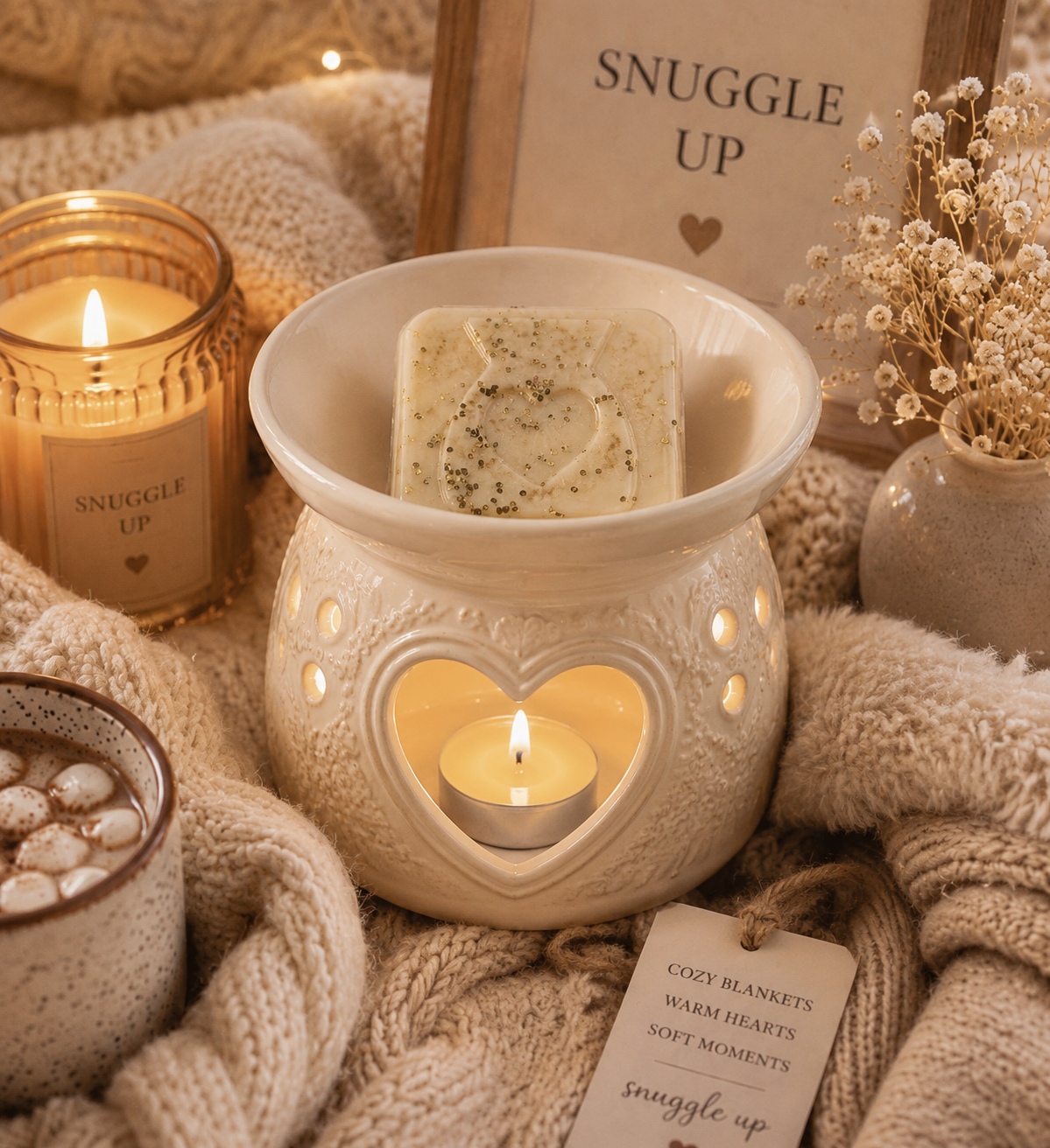 A cozy styled scene with a cream ceramic wax warmer holding a lit tea light candle and wax melt, with a bar of speckled soap resting on top. The warmer is surrounded by knitted beige blankets, a lit candle in a glass jar labeled 'SNUGGLE UP,' a small vase of dried flowers, and a card that reads 'COZY BLANKETS WARM HEARTS SOFT MOMENTS snuggle up.
