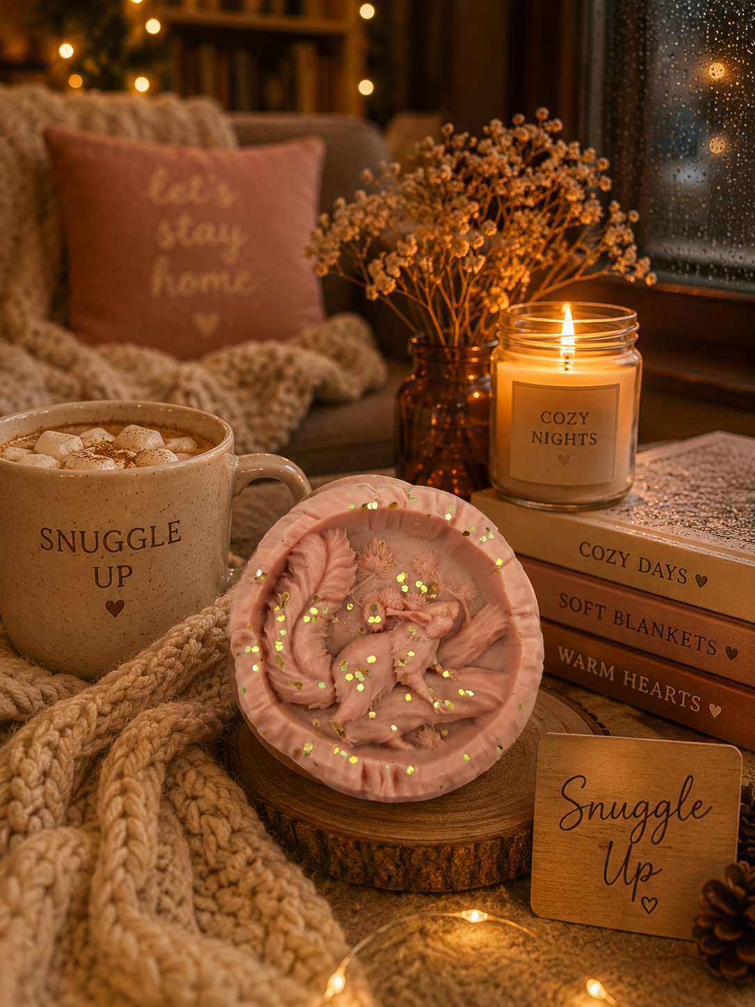 A cozy, warmly lit scene featuring a brown wax melt with a detailed dragon design and gold glitter accents, displayed on a wooden slice next to a mug that says 'SNUGGLE UP' and a 'Cozy Nights' candle on books.