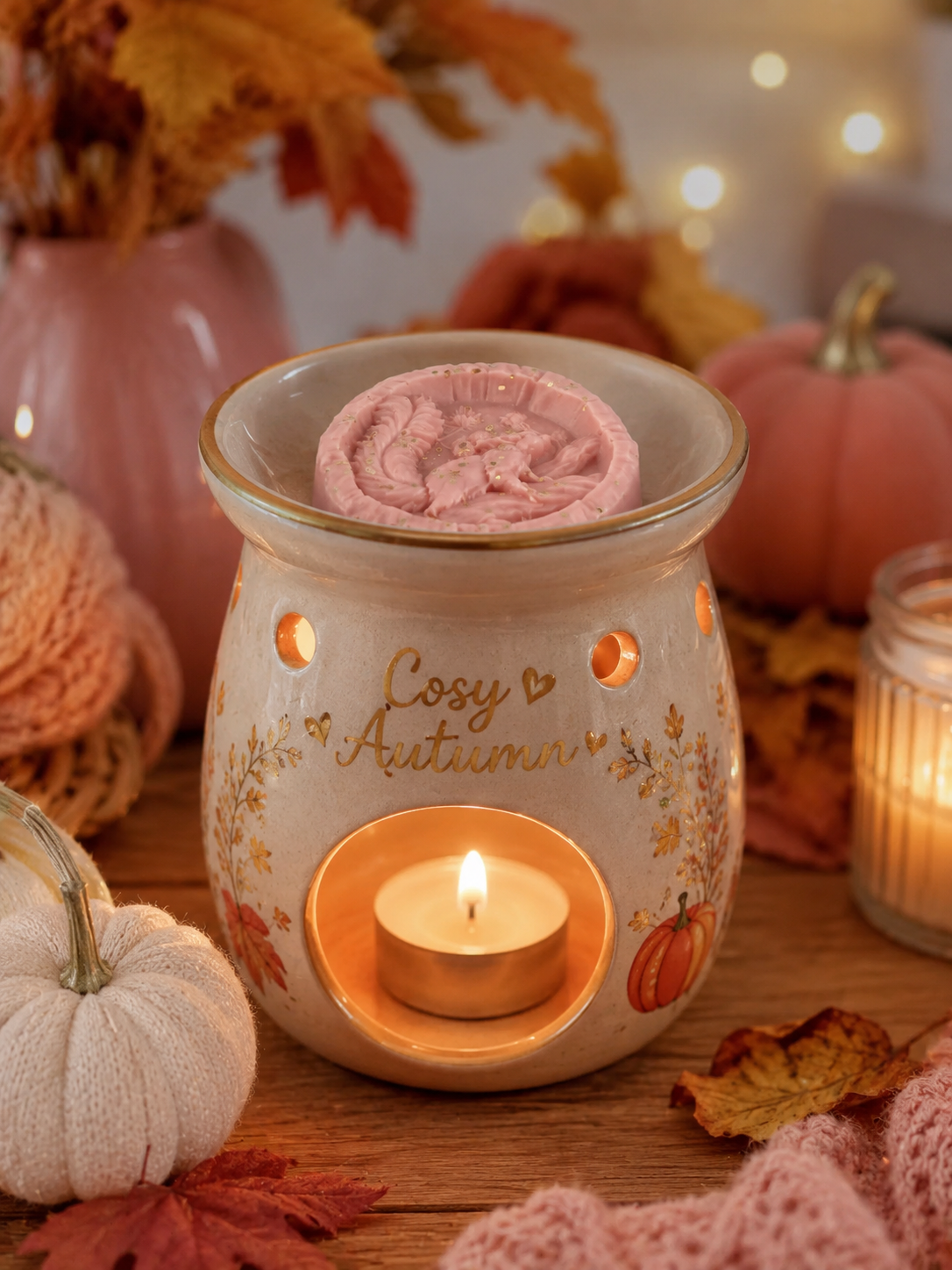cosy snuggle up squirrel shape wax melt in burner with cosy autumn theme.