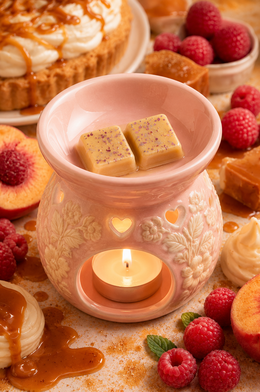 A pink ceramic wax warmer with a lit tea light candle inside, holding two square wax melts with visible speckles. The warmer is styled with desserts, fresh raspberries, peach slices, and caramel on a tabletop.