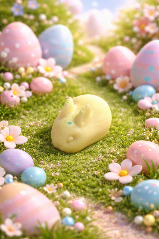 Pastel-colored Easter eggs and flowers on a grassy field with bunny wax melt
