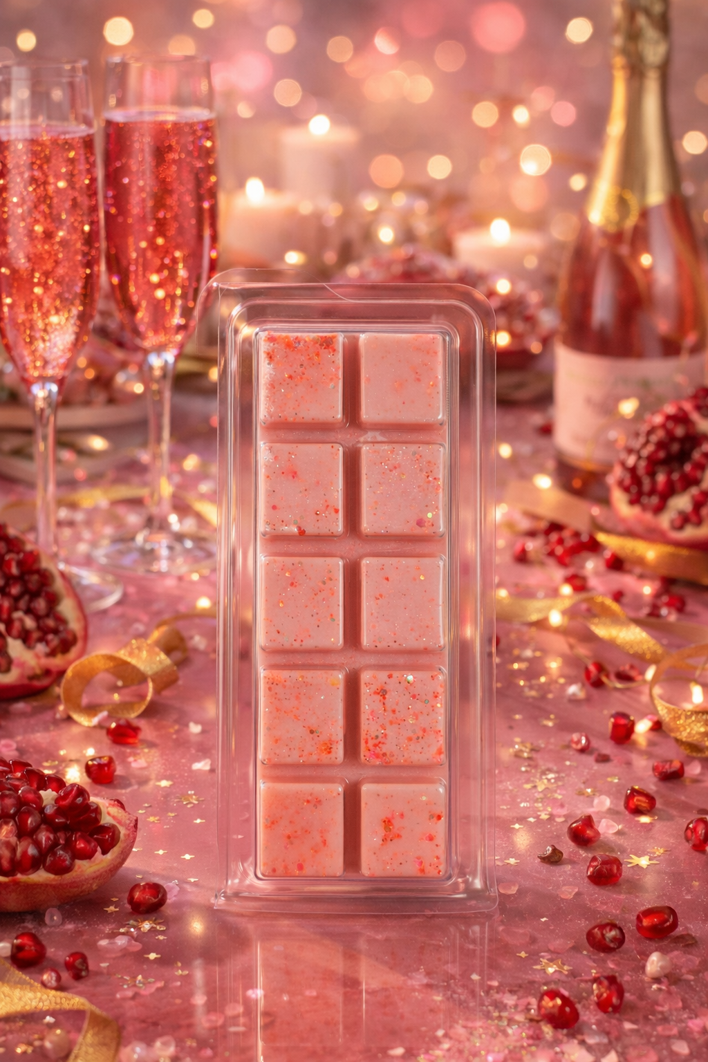sparkling pomegranate wax melt bar with themed background.