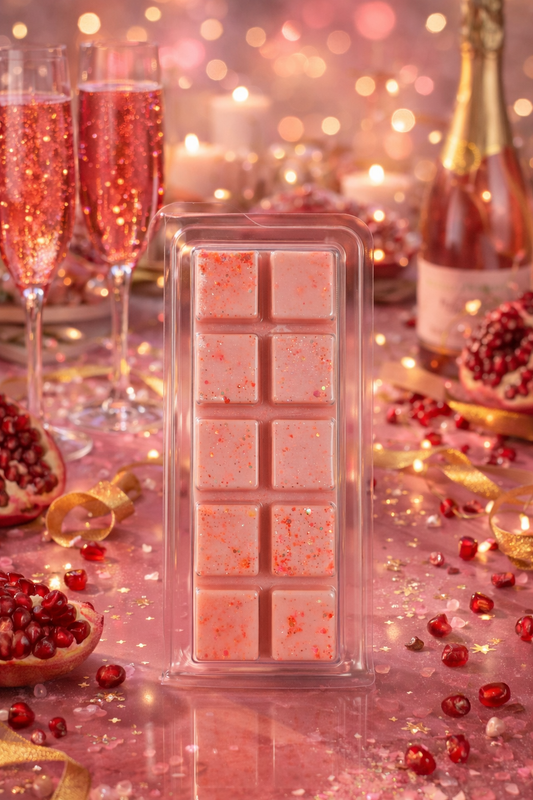 sparkling pomegranate wax melt bar with themed background.
