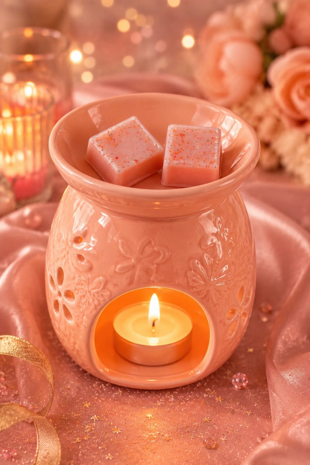 pomagranate wax melts in burner with pretty background theme.