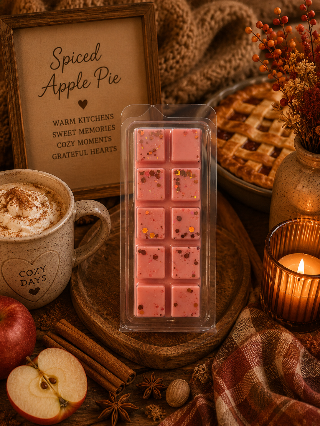 Spiced apple pie scented wax melts in a clear plastic clamshell package, displayed on a wooden tray with autumn-themed props including a mug, candle, apple, cinnamon sticks, and a sign reading 'Spiced Apple Pie'.