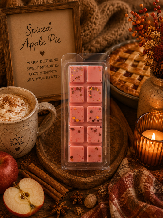 Spiced apple pie scented wax melts in a clear plastic clamshell package, displayed on a wooden tray with autumn-themed props including a mug, candle, apple, cinnamon sticks, and a sign reading 'Spiced Apple Pie'.