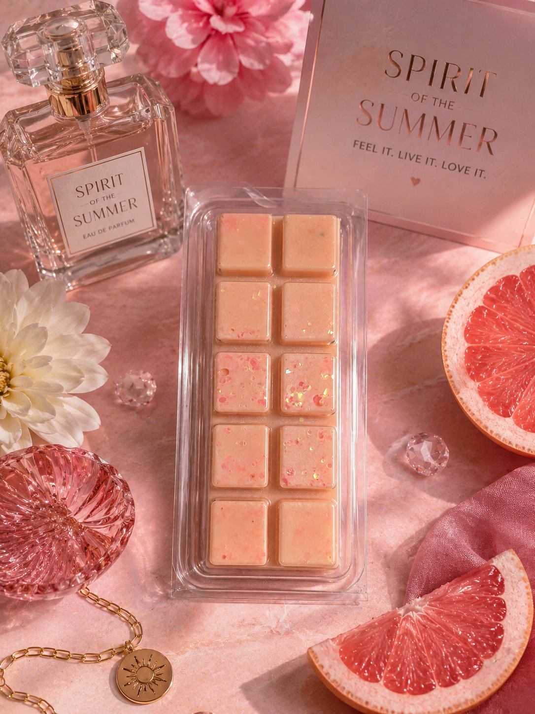 wax melt bar set, styled in a flat-lay with pink grapefruit slices, a pink perfume bottle labeled 'SPIRIT OF THE SUMMER', a pink card, and floral elements on a pink background.