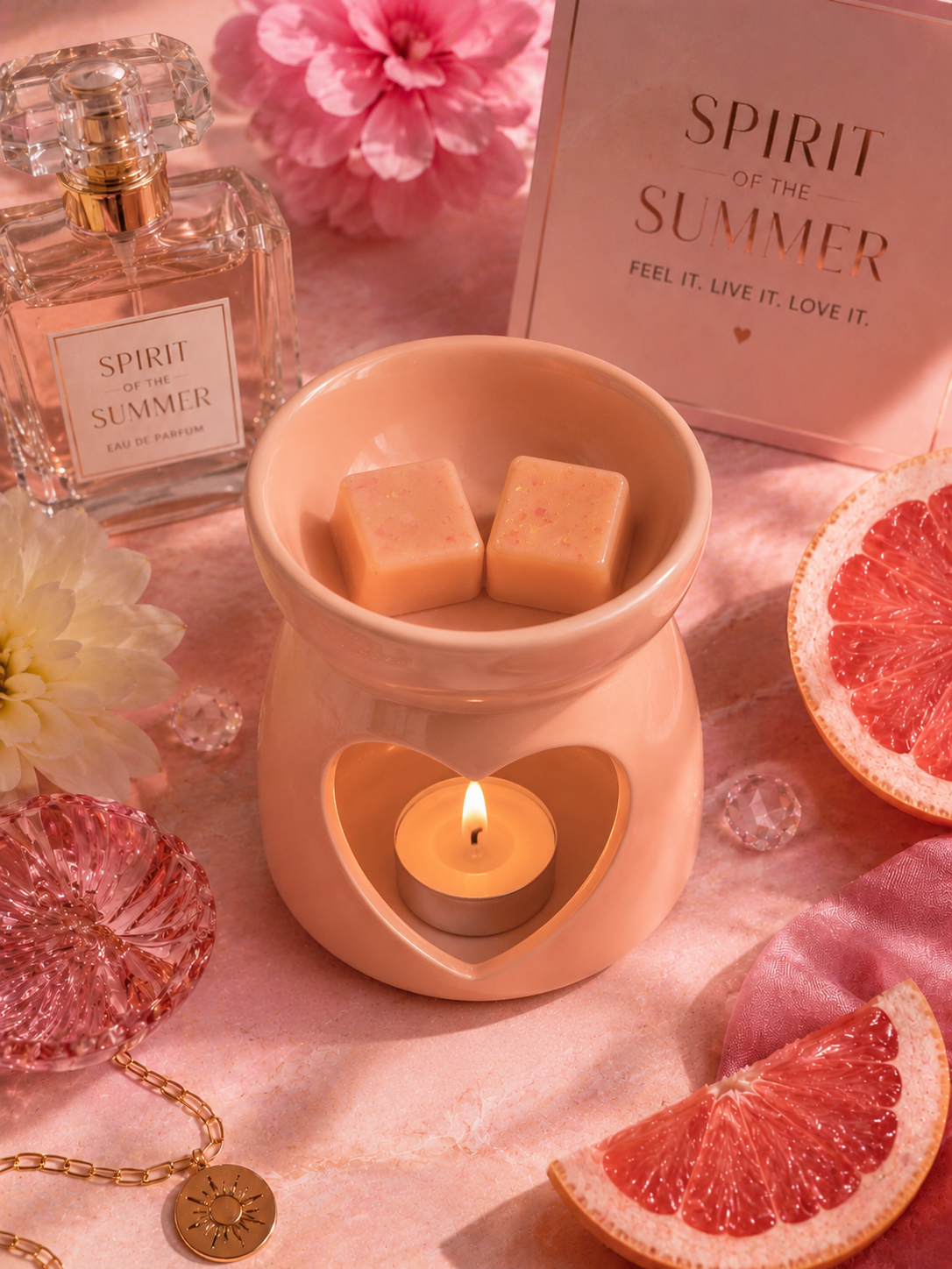 A peach-colored wax warmer with a lit tealight candle inside, styled with pink flowers, grapefruit slices, a perfume bottle, and a branded card reading 'SPIRIT OF THE SUMMER'.