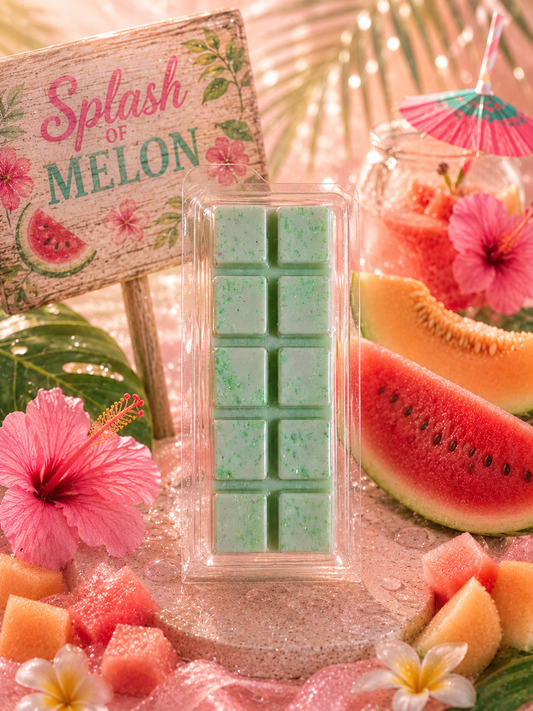 Green wax melt package with watermelon and melon slices, pink flowers, and 'Splash of Melon' sign.