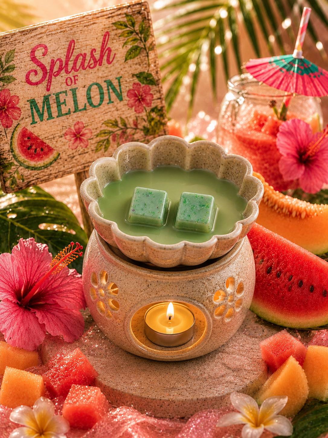 A decorative wax melt warmer filled with pale green wax and two mint-green wax melts, styled with tropical fruit slices, hibiscus flowers, palm leaves, and a sign reading 'Splash of MELON.'.