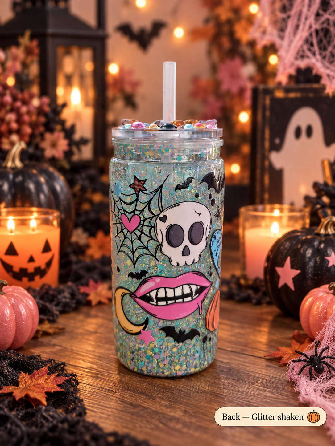 A glittery Halloween-themed tumbler cup with a clear lid and straw, decorated with a skull, lips, spiderwebs, bats, and stars. The cup is set on a wooden table surrounded by pumpkins, candles, and spooky decorations.