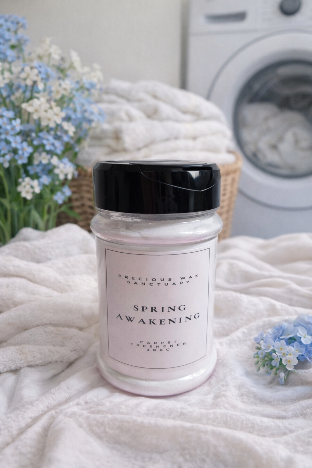 Carpet freshener labeled 'Spring Awakening' on a blanket with flowers and a washing machine in the background