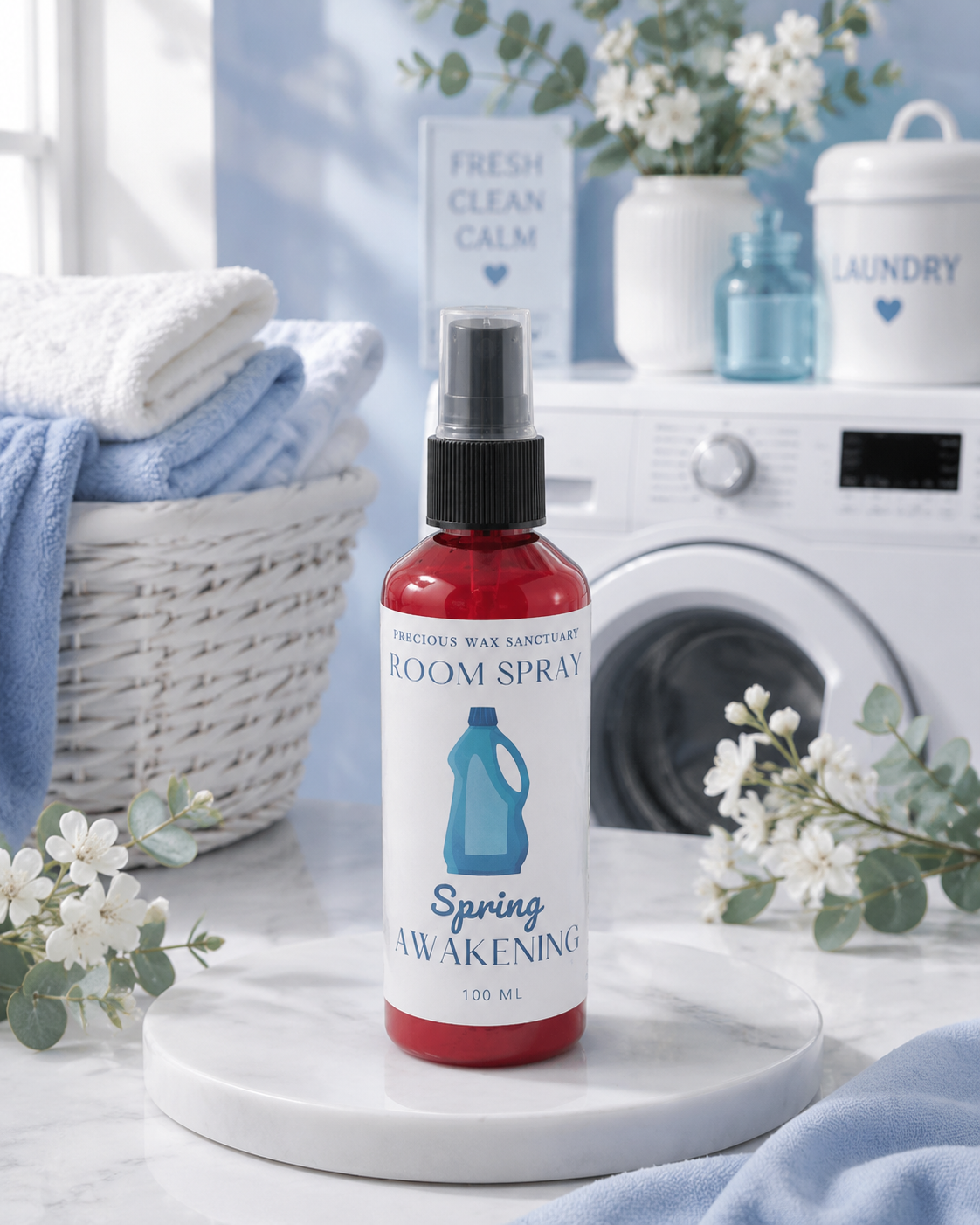 Spring Awakening room spray stands on a white marble tray in a bright laundry room setting with folded towels, a washing machine, and floral accents.